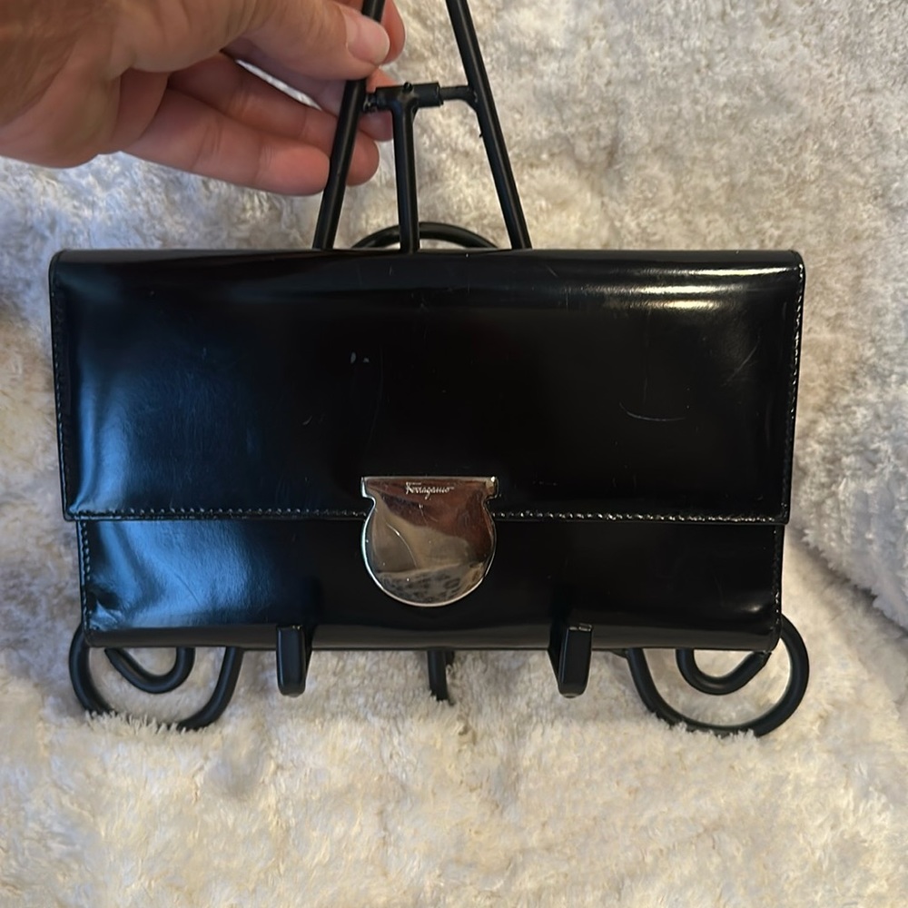 Black Ferragamo Patten Leather Tri-fold Wallet